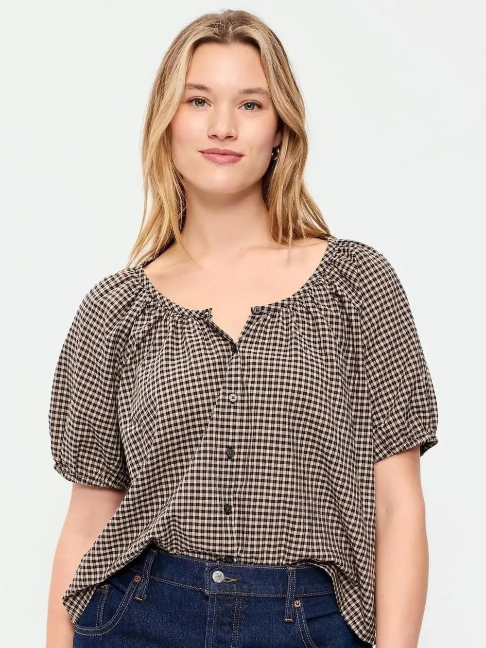 Checked Puff-Sleeve Button Front Top - Black & Cream